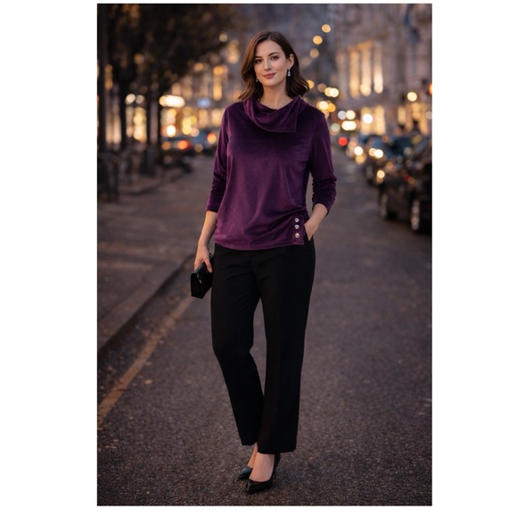 PENNANS Plum Velour Cowl Neck Top Sz L Rhinestone Sophisticated Quiet Luxury - Picture 3 of 15
